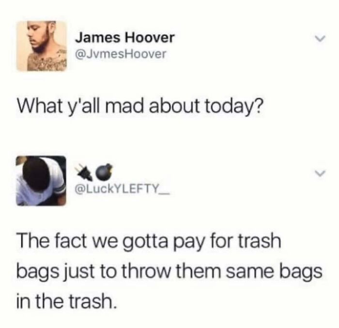 Screenshot of a funny meme discussing the irony of paying for trash bags to throw trash, highlighting humor in everyday life.