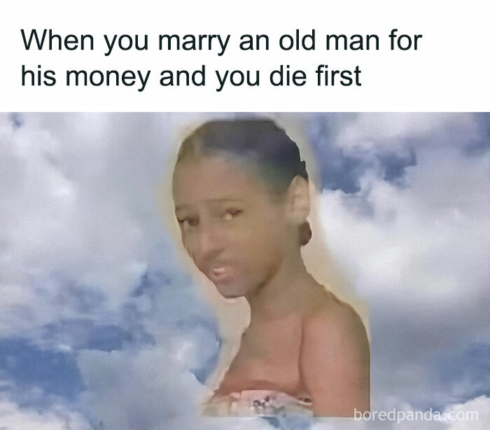 Funny meme with a sarcastic text overlay and a confused expression amidst clouds.