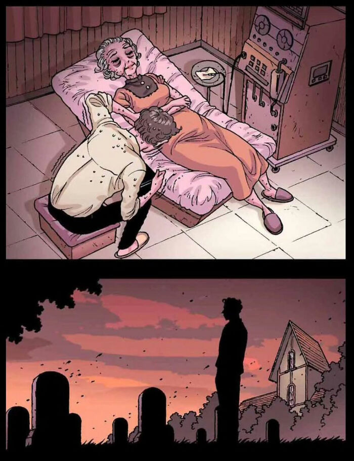 Comic panels by DarkBox Comics show a sorrowful scene with a patient in a hospital room and a graveyard silhouette.