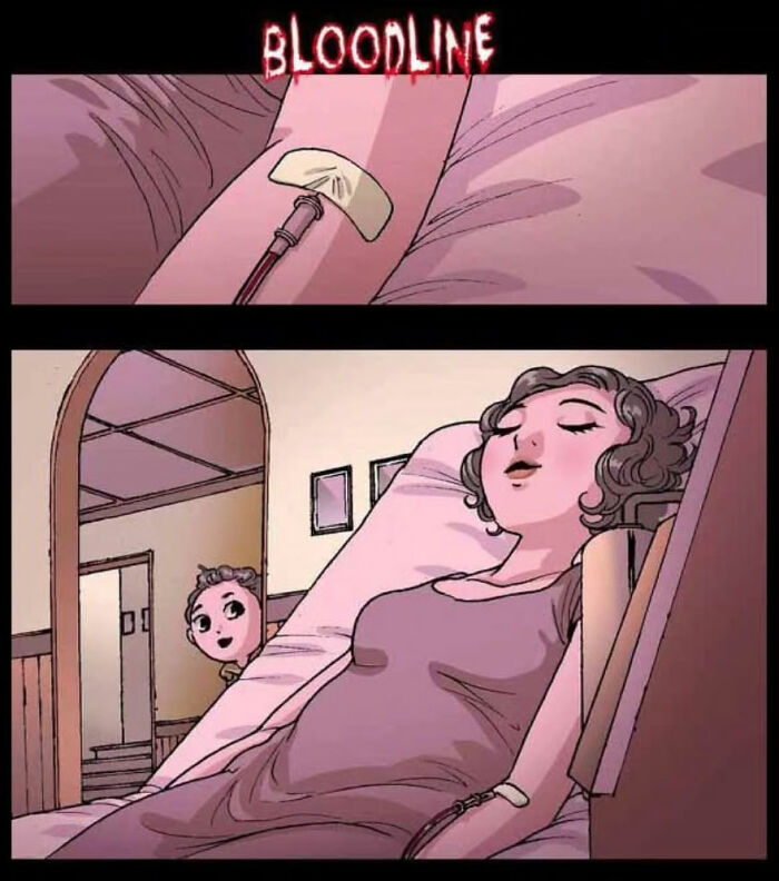 Comic panel by DarkBox Comics showing a woman in bed with an IV. Child peeks from door. Silent horror theme.