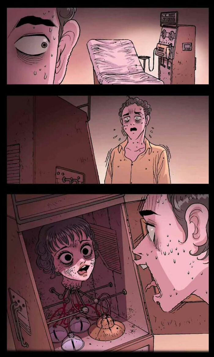 Man sweating in a room with doll head in a machine, illustration by DarkBox Comics, conveying silent horror.