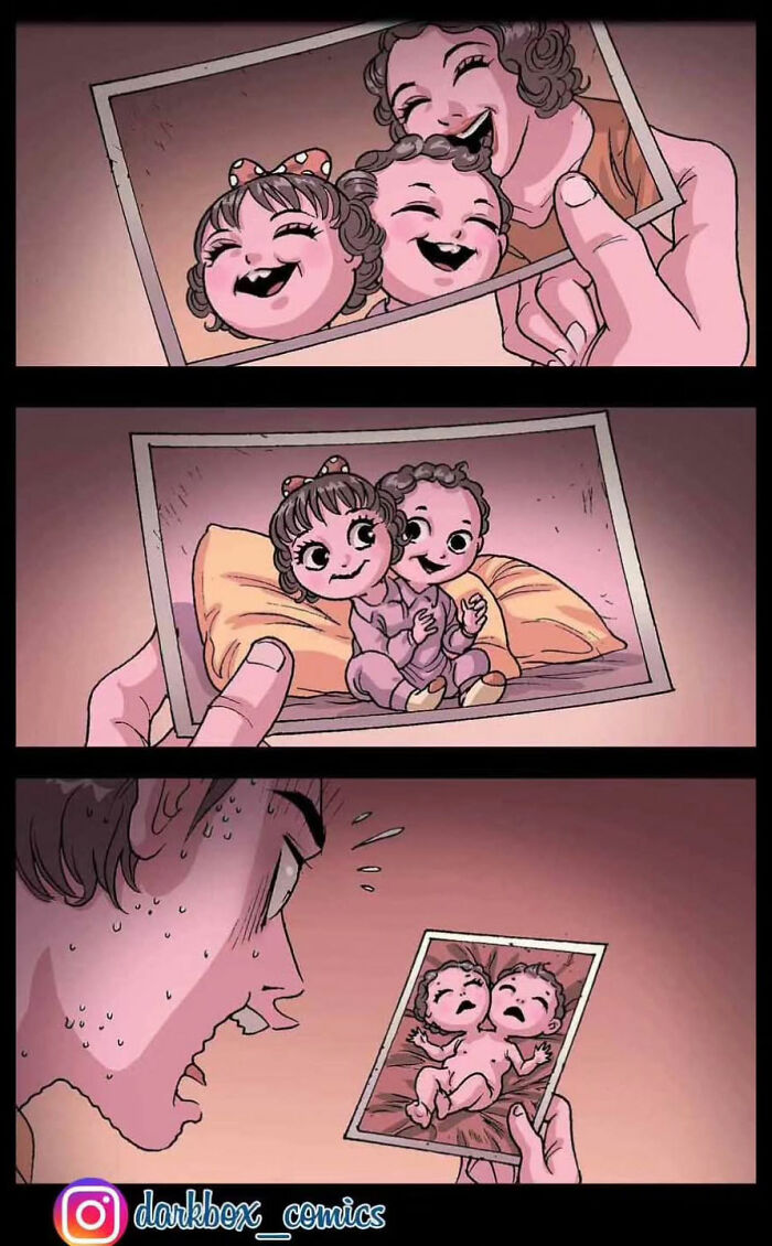 Person sweating while viewing eerie photos of conjoined twins, featured in DarkBox Comics' silent horror stories.