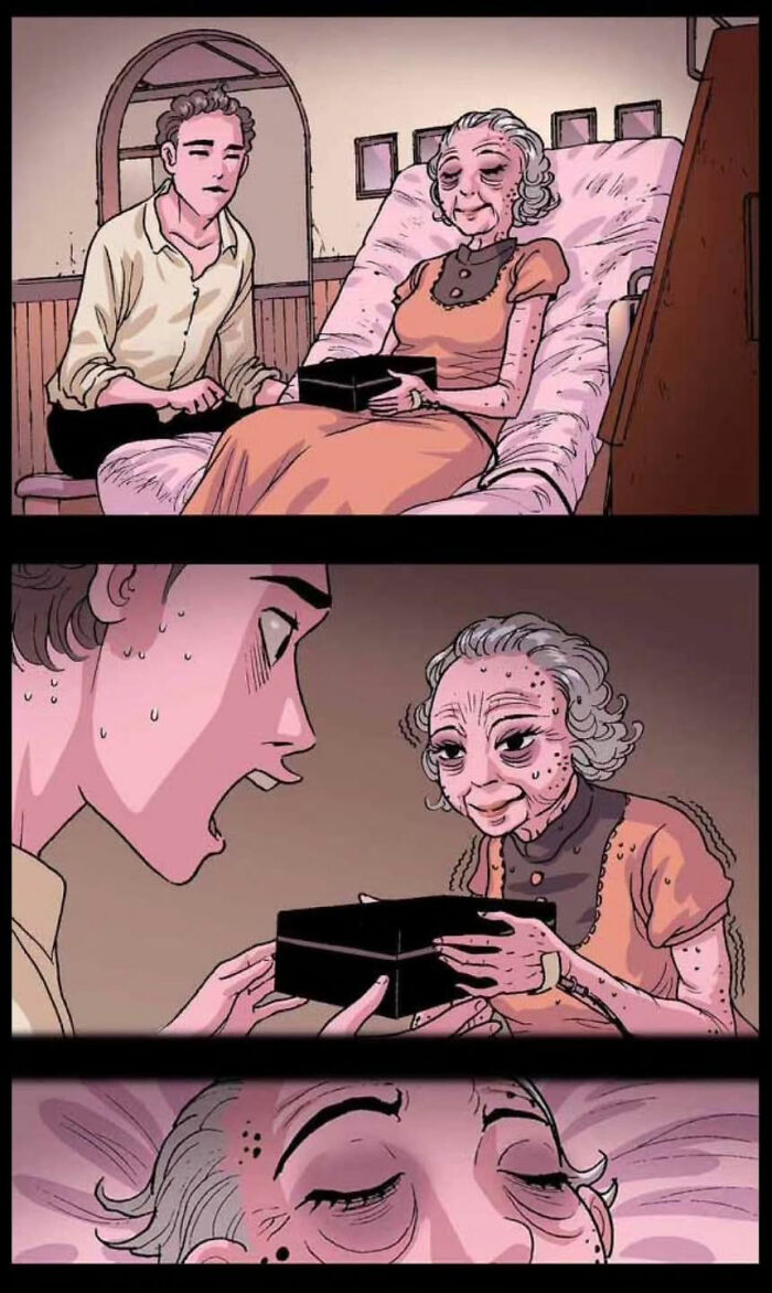 A tense scene from DarkBox Comics: an elderly woman receives a black box, creating a chilling silent horror moment.