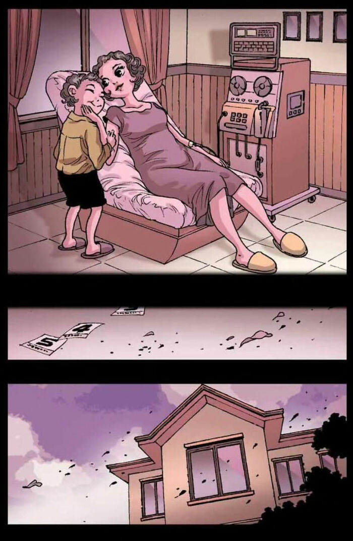 Silent horror comic scene showing a mother and child, drifting papers, and a house exterior by DarkBox Comics.