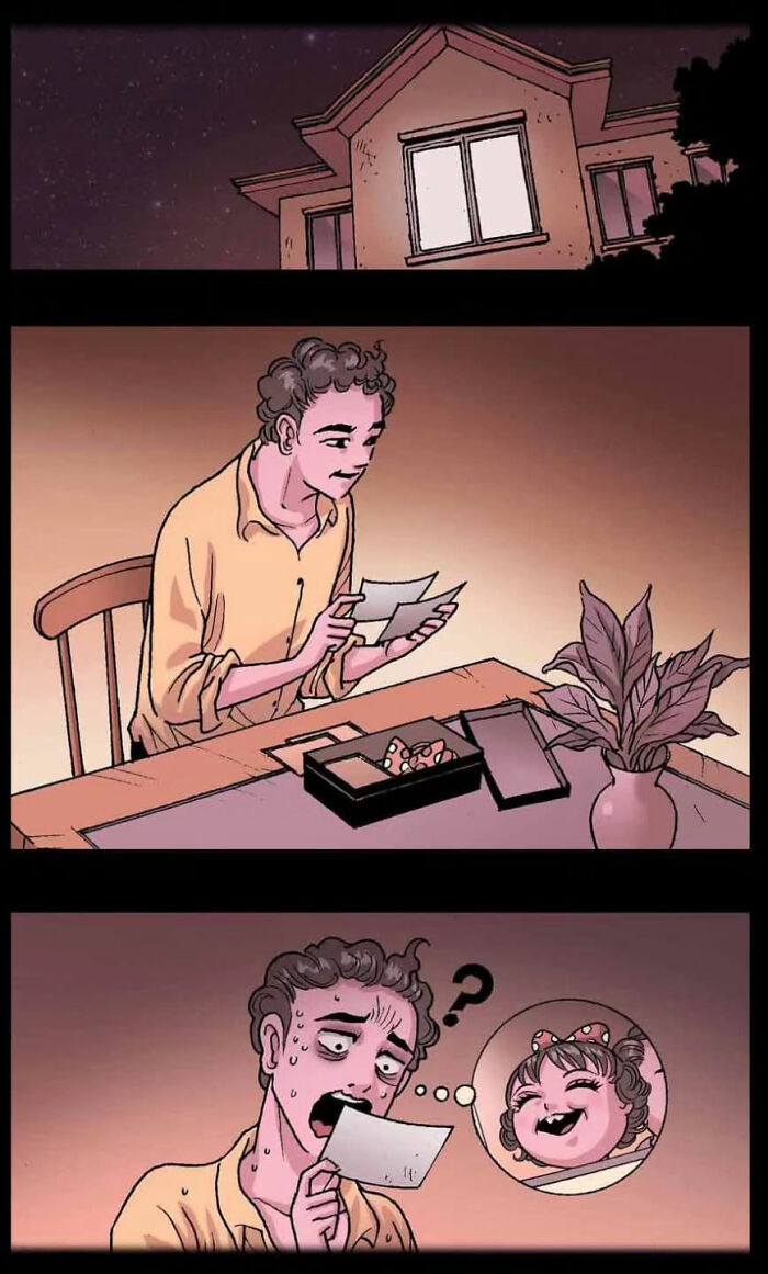 Man at table reading letter, a comic panel by DarkBox Comics evoking horror with a surprised expression.