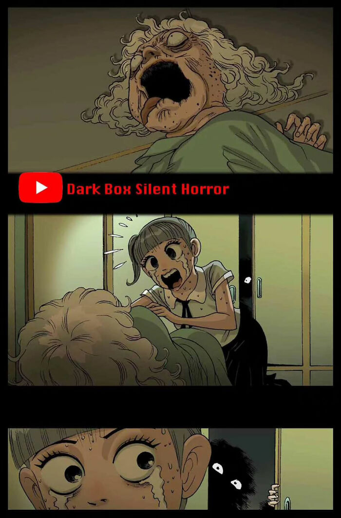 Terrified child encountering a shadowy figure, depicted in eerie comic style by DarkBox Silent Horror.