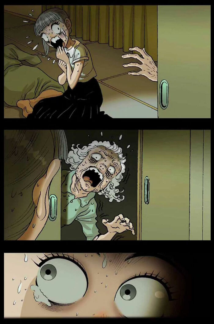 A terrified person witnesses a haunting scene in a comic, embodying the spine-chilling style of DarkBox Comics.