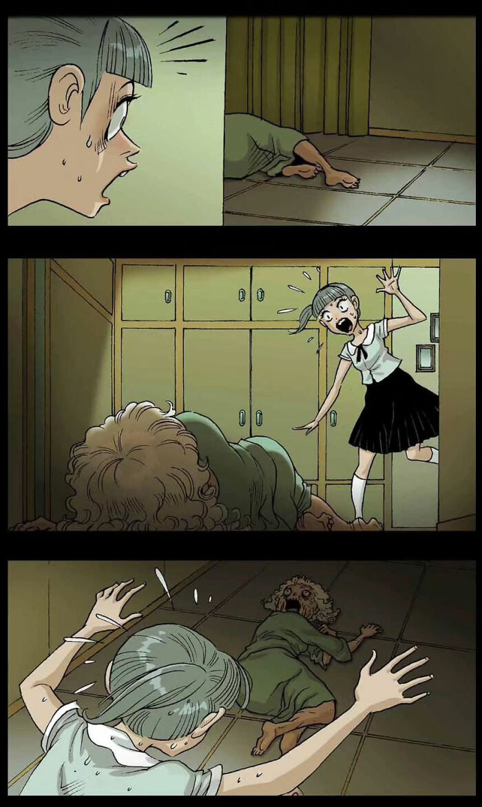 Young girl discovers a lifeless body on the floor, a chilling scene from DarkBox Comics' silent horror stories.
