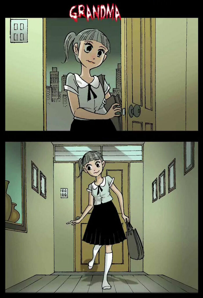 Young girl entering a room in a silent horror comic by DarkBox Comics, titled "Grandma.