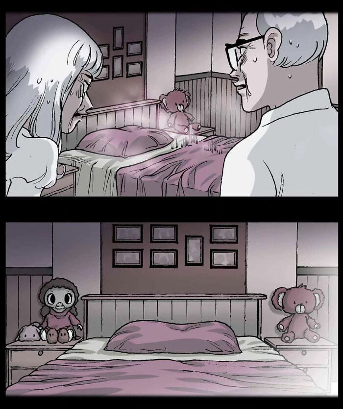 A chilling scene from DarkBox Comics' silent horror stories, showing toys on and beside an undisturbed bed.