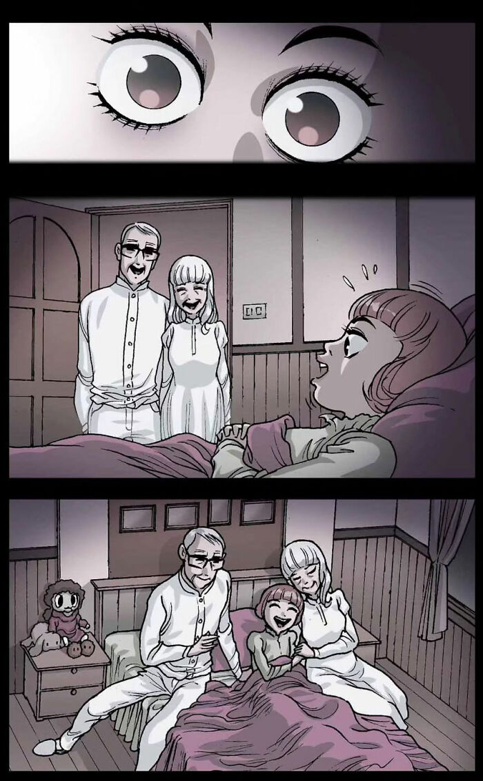 Comic panel by DarkBox Comics showing a girl frightened by two smiling figures at her bedside.