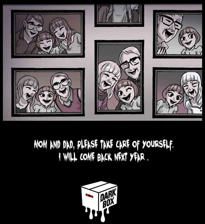 Family photos in frames with a chilling message below, promoting DarkBox Comics' silent horror stories.