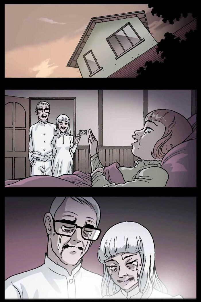 Eerie silent horror comic by DarkBox Comics depicting a chilling scene of a family in emotional distress.