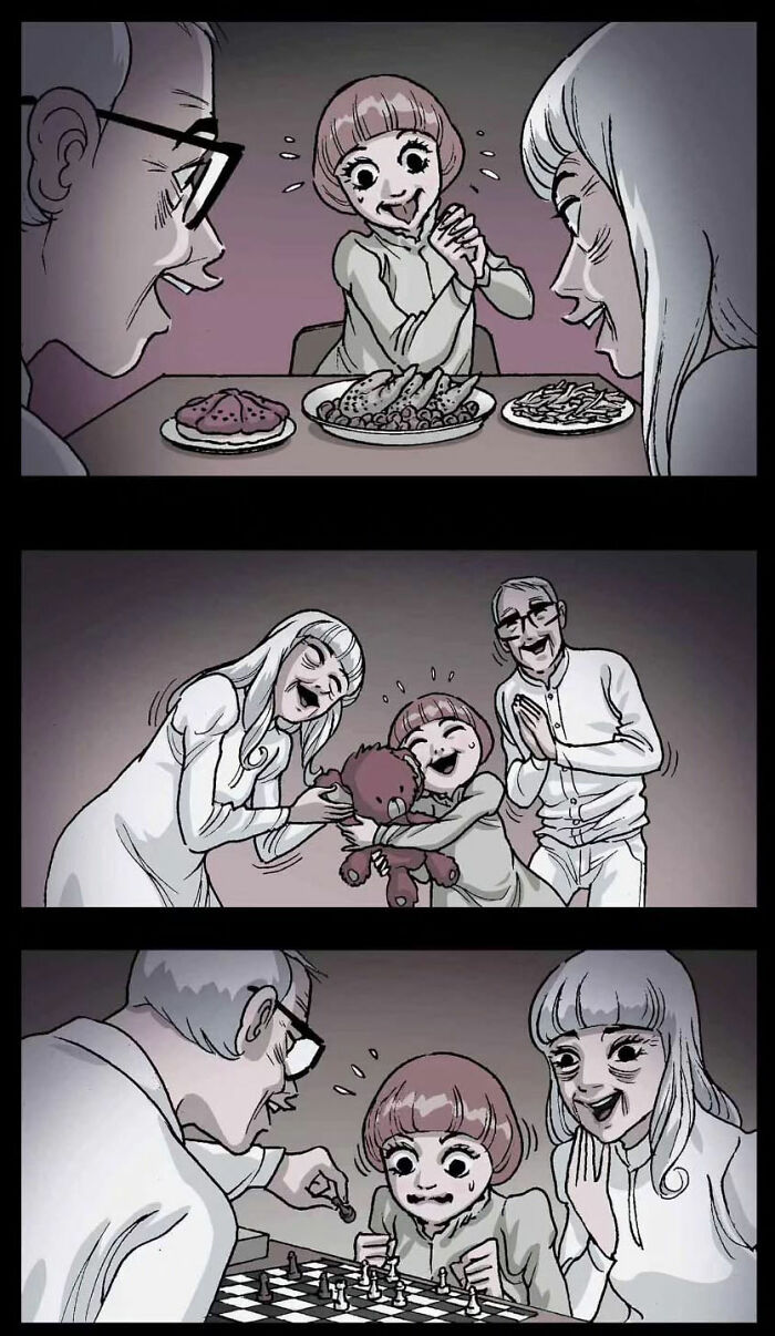 Child enjoying food, receiving a teddy bear, and playing chess with family in a dark, eerie setting. Silent horror comic.