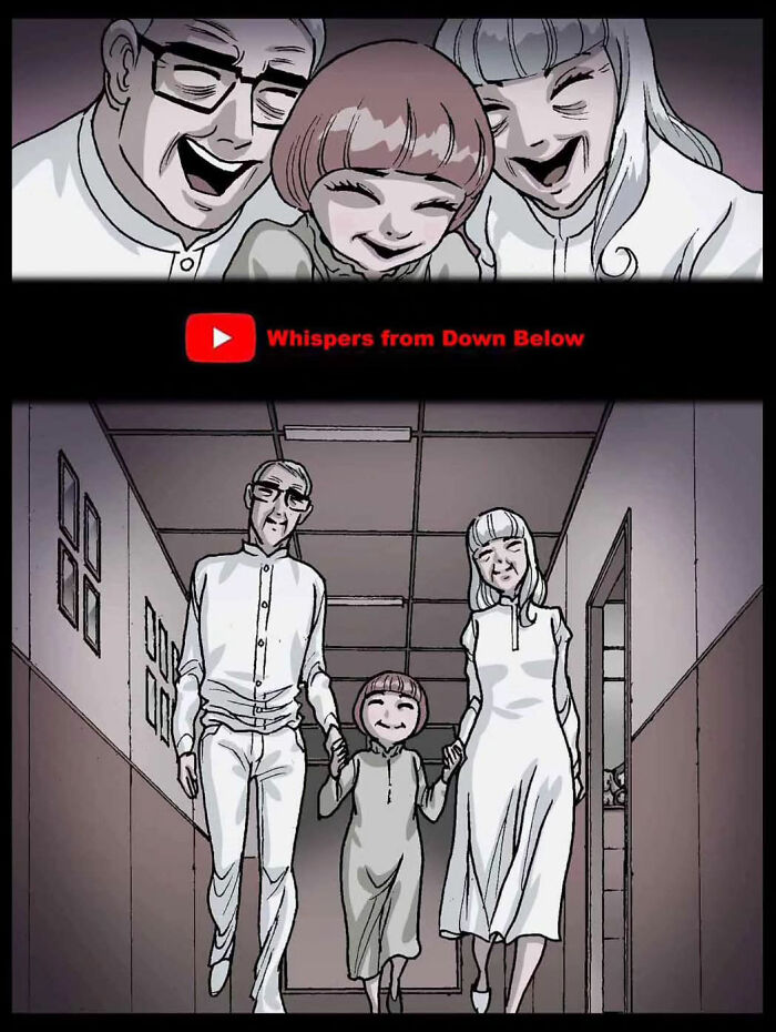 Family in eerie corridor scene from DarkBox Comics' silent horror story.