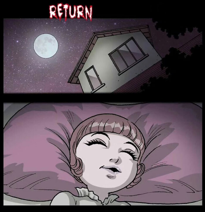 DarkBox Comics horror story illustration, a moonlit house, and a child peacefully sleeping with "RETURN" ominously above.