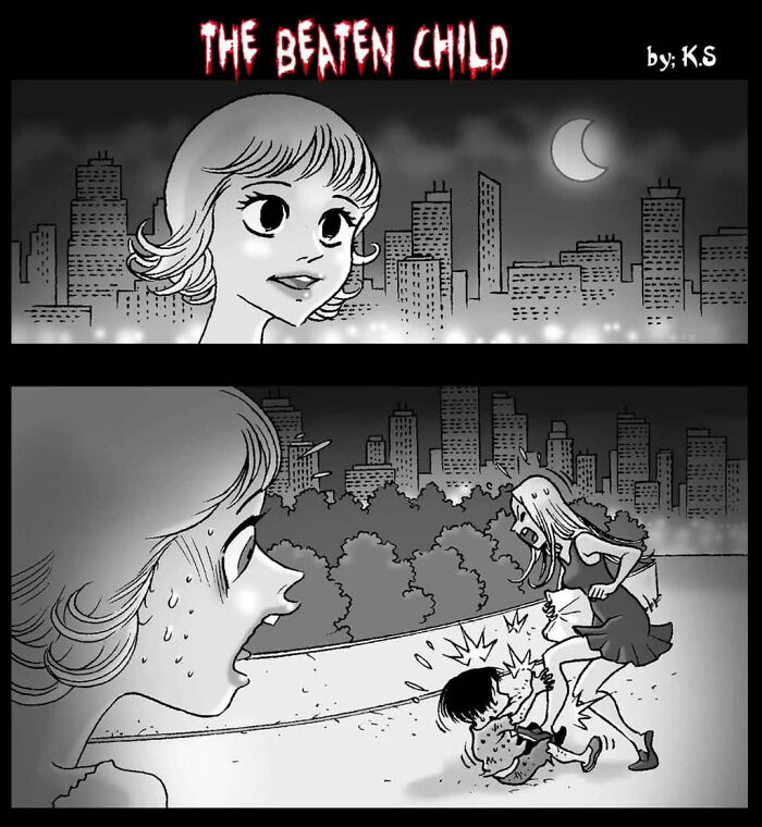 A woman watches a girl being attacked under the moonlight in a silent horror scene from DarkBox Comics.