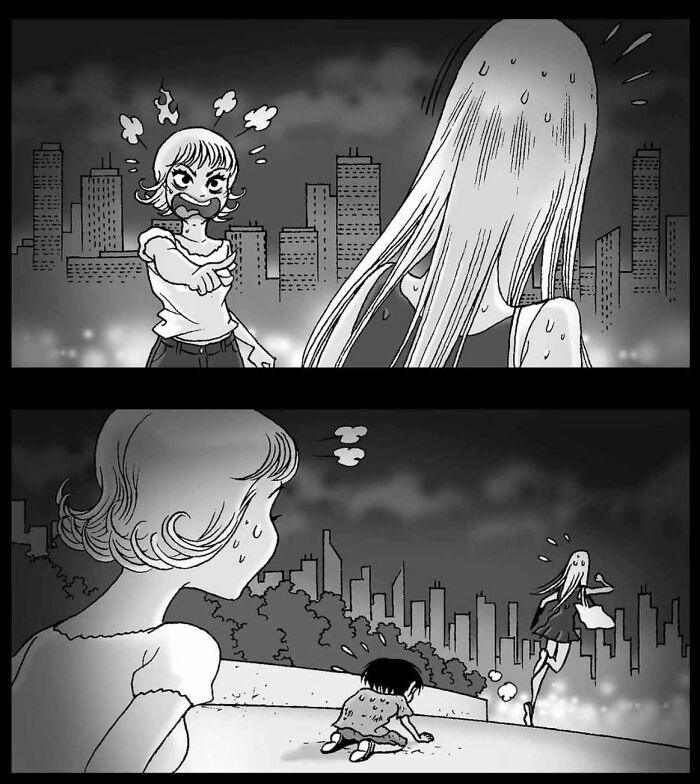 DarkBox Comics horror scene with two women nervously sweating in a cityscape, creating a chilling atmosphere.