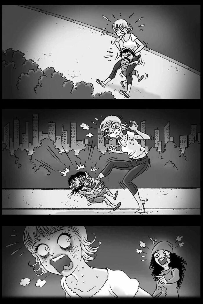 Illustration from DarkBox Comics showing a frightening encounter, with a shocked woman and eerie figures.