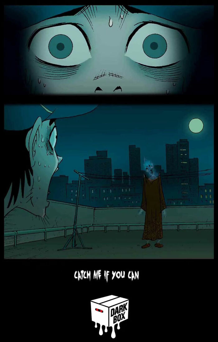 Close-up of scared eyes and a ghostly figure on a rooftop, from DarkBox Comics' silent horror stories.