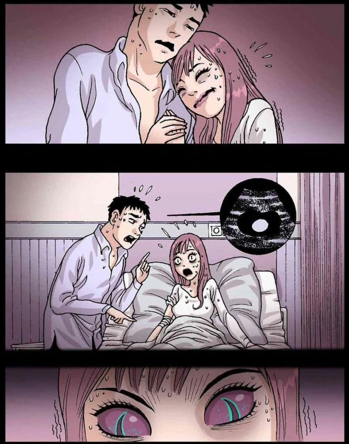 Comic panels conveying silent horror, featuring a distressed couple in intense expressions.