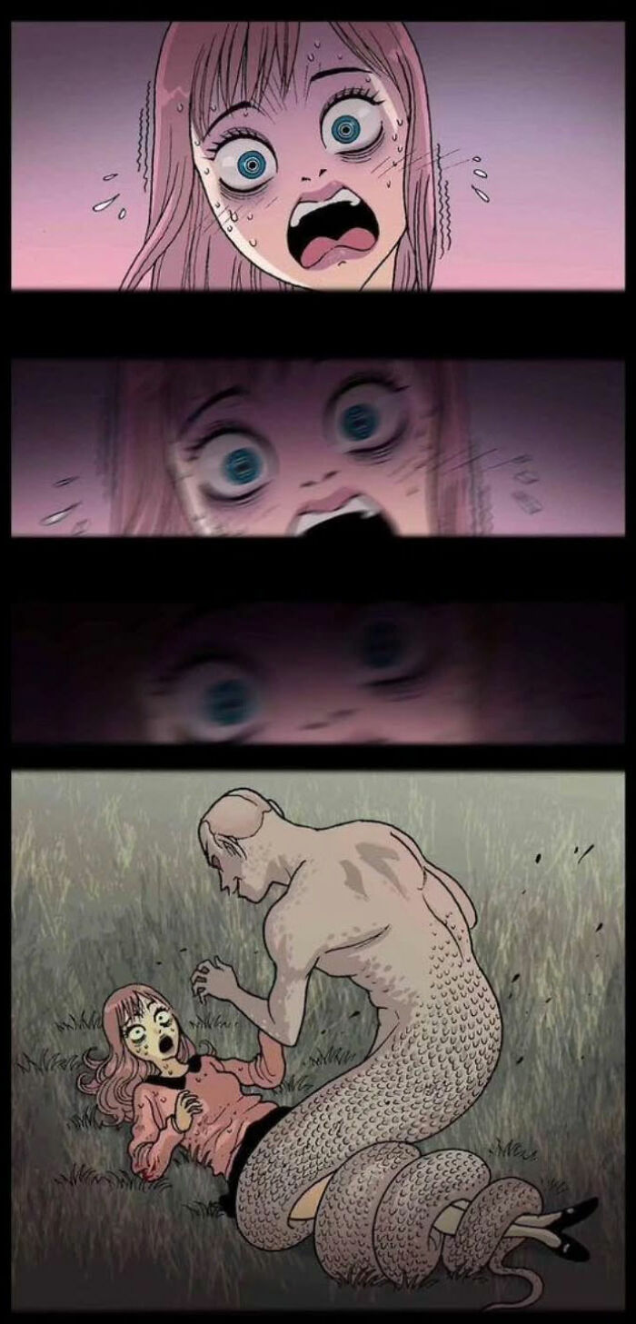 Woman terrified by snake-tailed creature in DarkBox Comics horror story.
