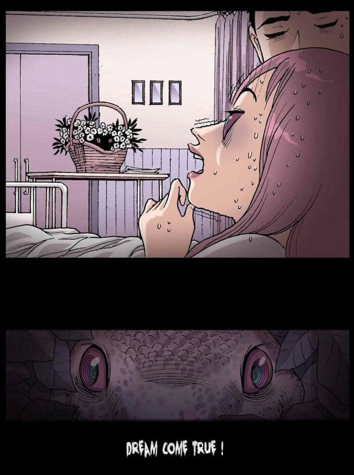 Comic scene from DarkBox Comics shows a sweating girl in bed with ominous eyes below, captioned "Dream Come True!" Silent horror story.