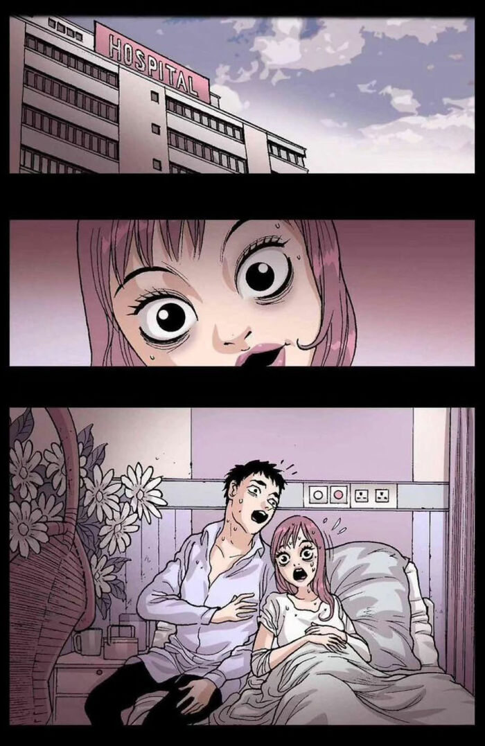 Comic panel from DarkBox Comics showing a shocked couple in a hospital room, enhancing the silent horror theme.
