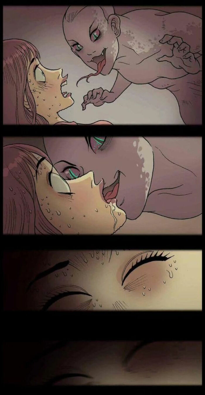 Eerie creature approaching a fearful woman, embodying silent horror depicted by DarkBox Comics.