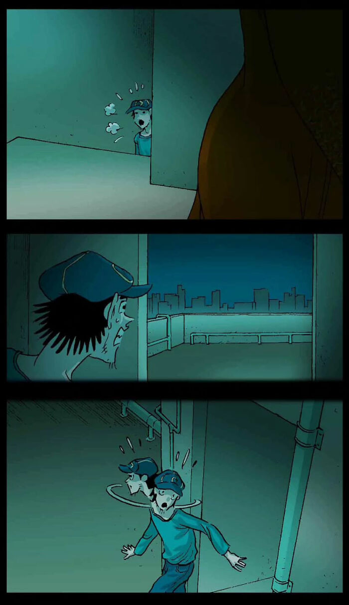 A scared character in a cap from DarkBox Comics' silent horror story, nervously peeking around a corner at night.