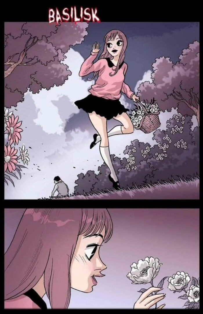 DarkBox Comics horror art with a girl in a pink outfit holding a basket, gazing at flowers in a spooky setting.