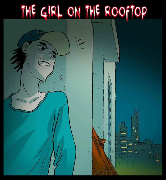 Person in a cap on a rooftop at night, with a city skyline in the background, from DarkBox Comics' silent horror stories.