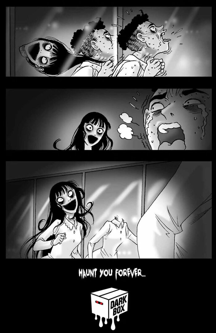 Comic panel by DarkBox Comics with a sinister figure haunting a terrified man.