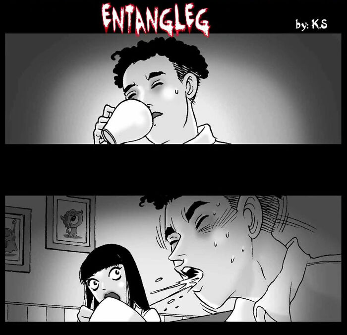 A man drinking from a cup and another scene showing him startled, illustrating a silent horror story by DarkBox Comics.