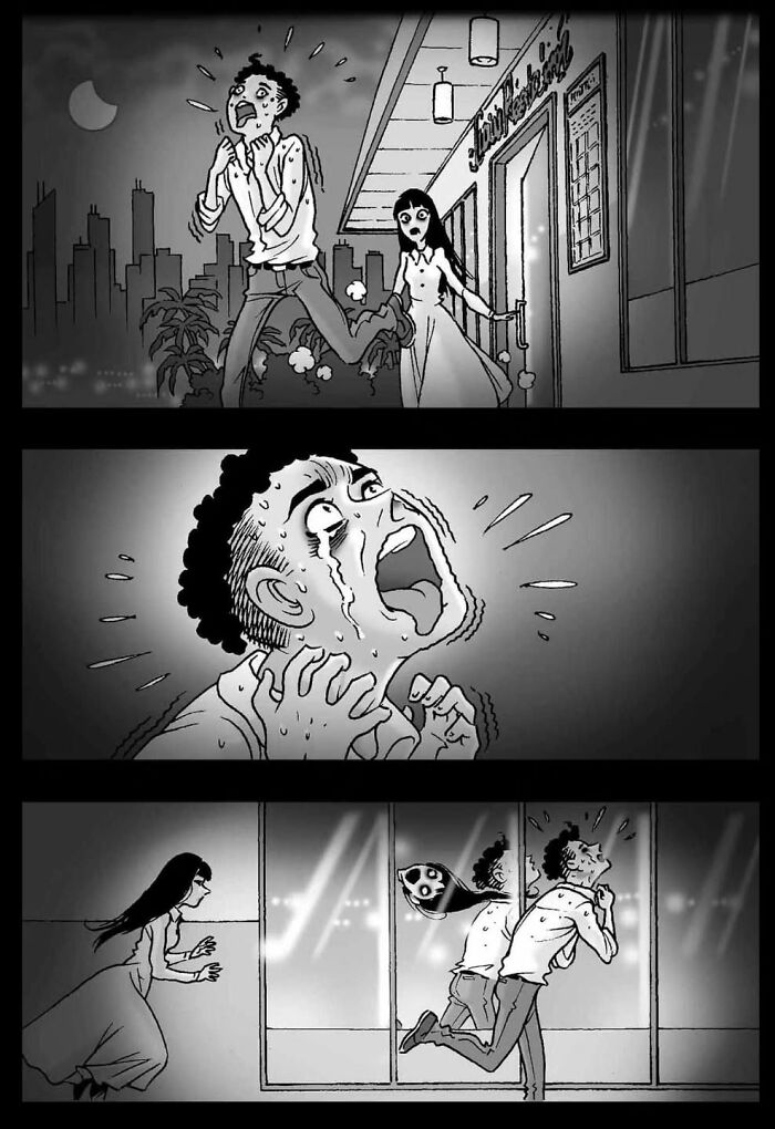 A terrified man flees from a ghostly figure in a dark comic scene, showcasing silent horror by DarkBox Comics.