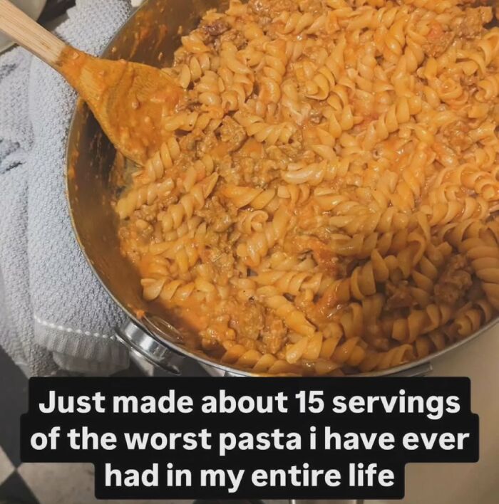 Pot of pasta with a humorous meme text about cooking disaster; relatable meme content.