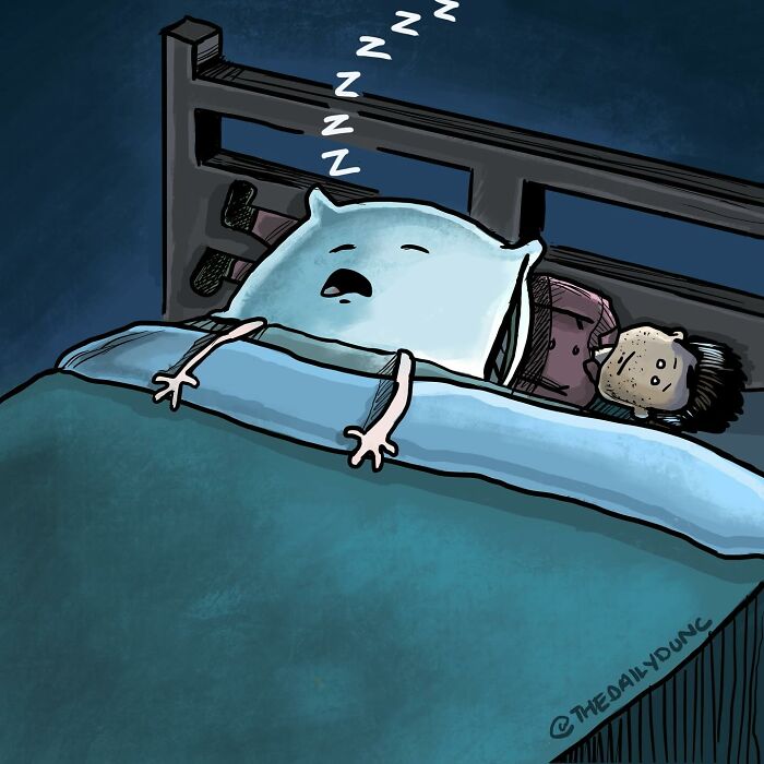 Cartoon of a person sleeping with a pillow character snoring loudly in bed, hilarious comic style by The Daily Dunc.