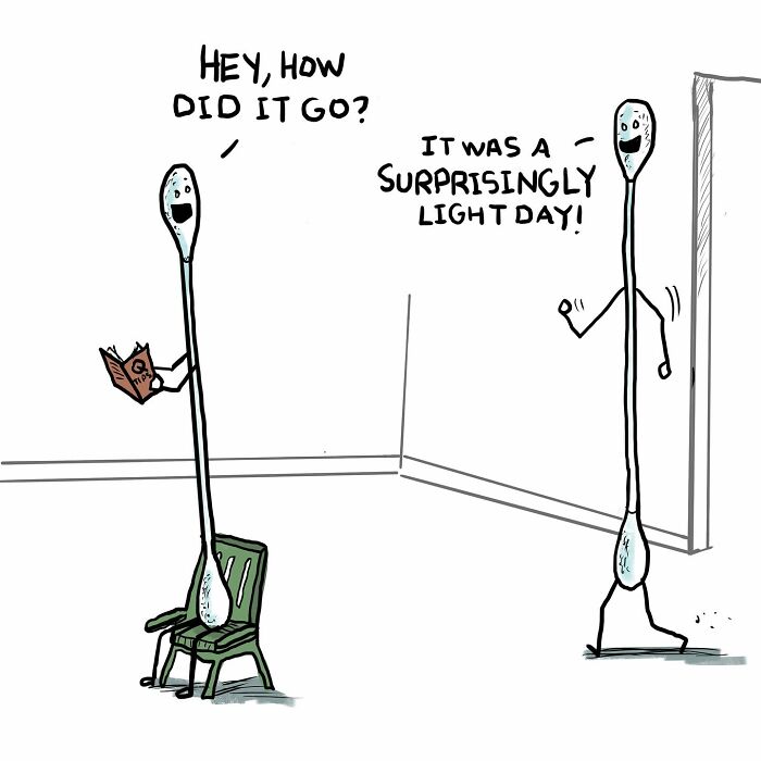 Two anthropomorphic cotton swabs in a comic scene, one asking and the other replying about a surprisingly light day.