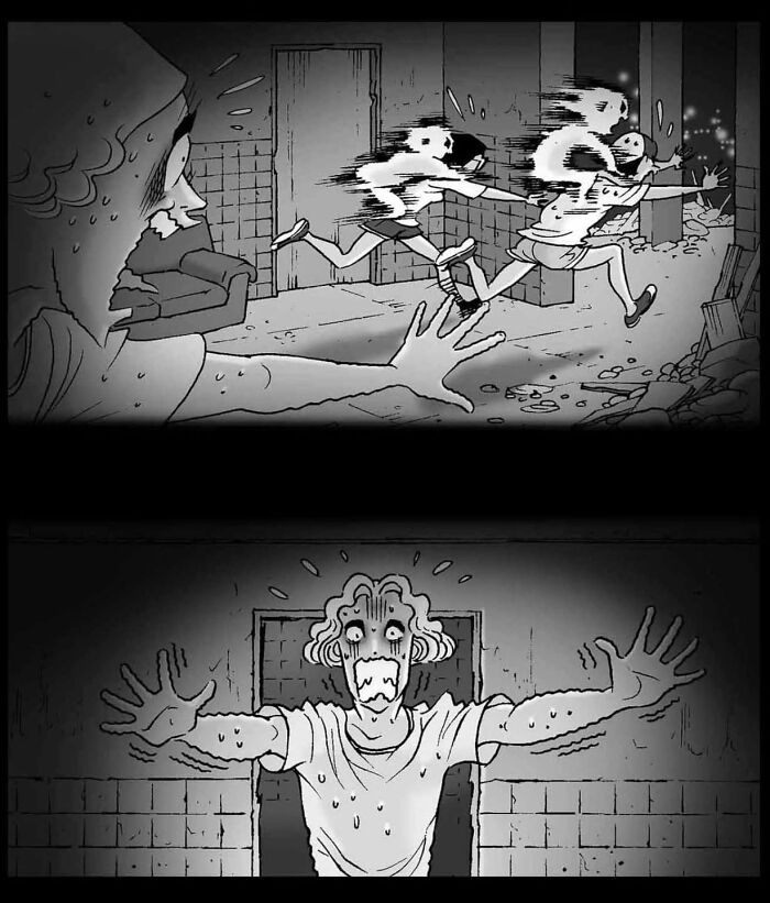 A chilling scene from DarkBox Comics' silent horror story, depicting frightened figures fleeing in terror.