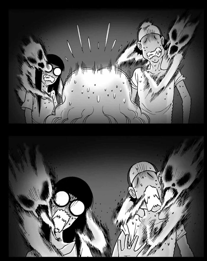 DarkBox Comics silent horror scene with two terrified characters confronted by ghostly figures.