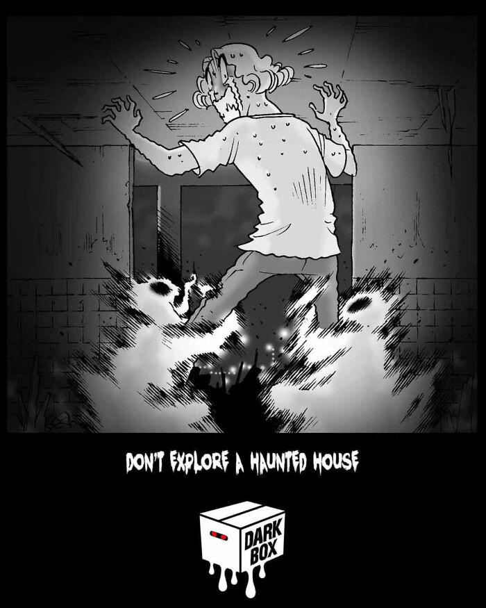 A figure recoils in terror as ghostly apparitions emerge in a haunted house scene from DarkBox Comics horror stories.