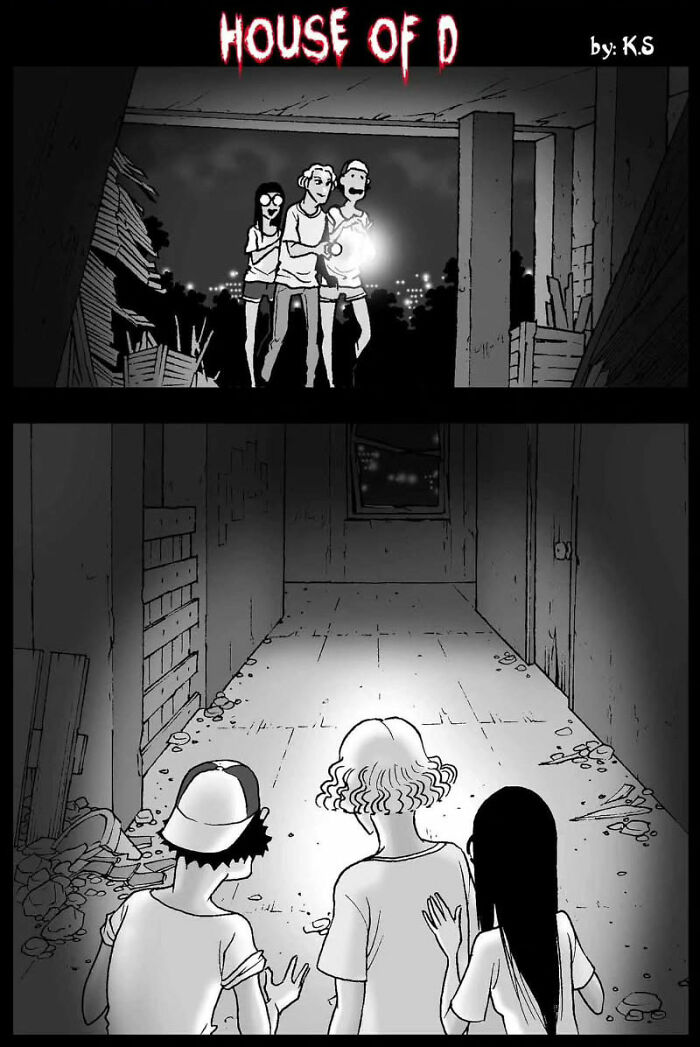 Silent horror comic by DarkBox Comics shows three people exploring a dark, eerie building.