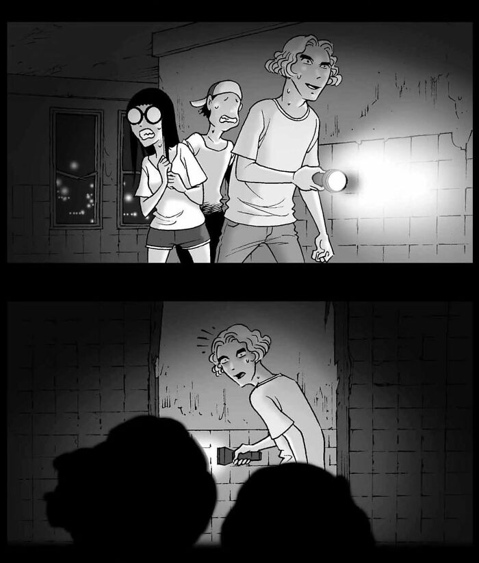 Three characters, one holding a flashlight, explore a dimly lit room in a silent horror comic by DarkBox Comics.