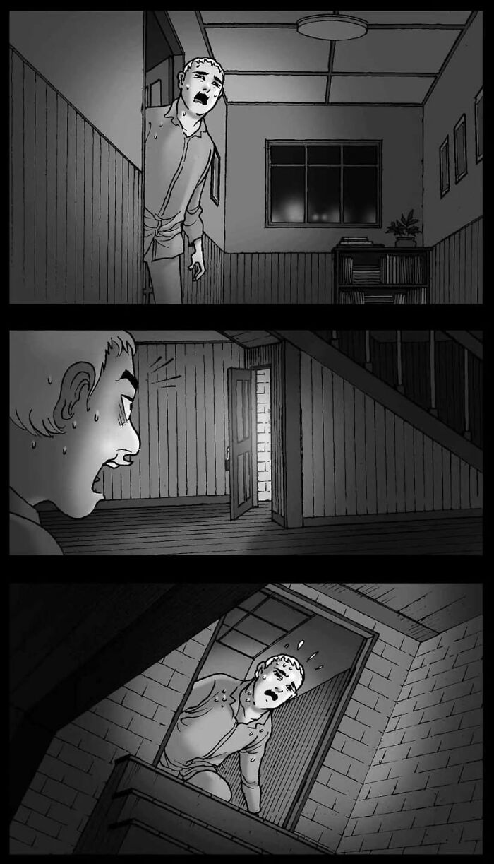 A man explores a dimly lit house, looking anxious in a Silent Horror comic scene by DarkBox Comics.