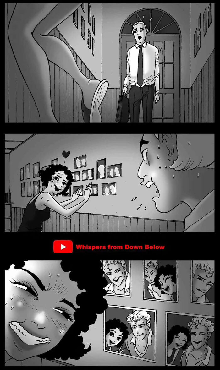 Comic panels depict a tense silent horror story with two characters in a chilling hallway scene.