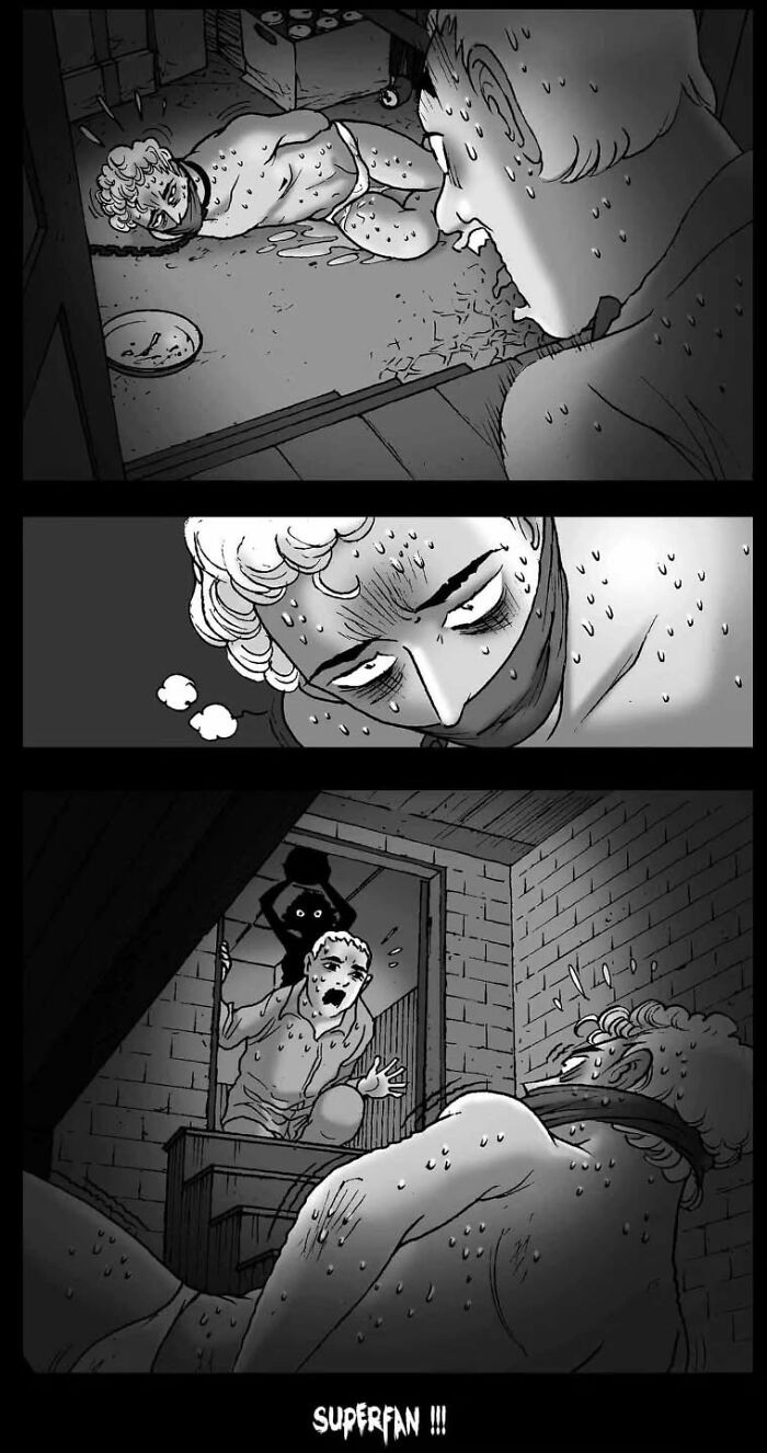 Comic scene from DarkBox Comics' silent horror stories, depicting a tense, chilling moment with shadows and expressions.