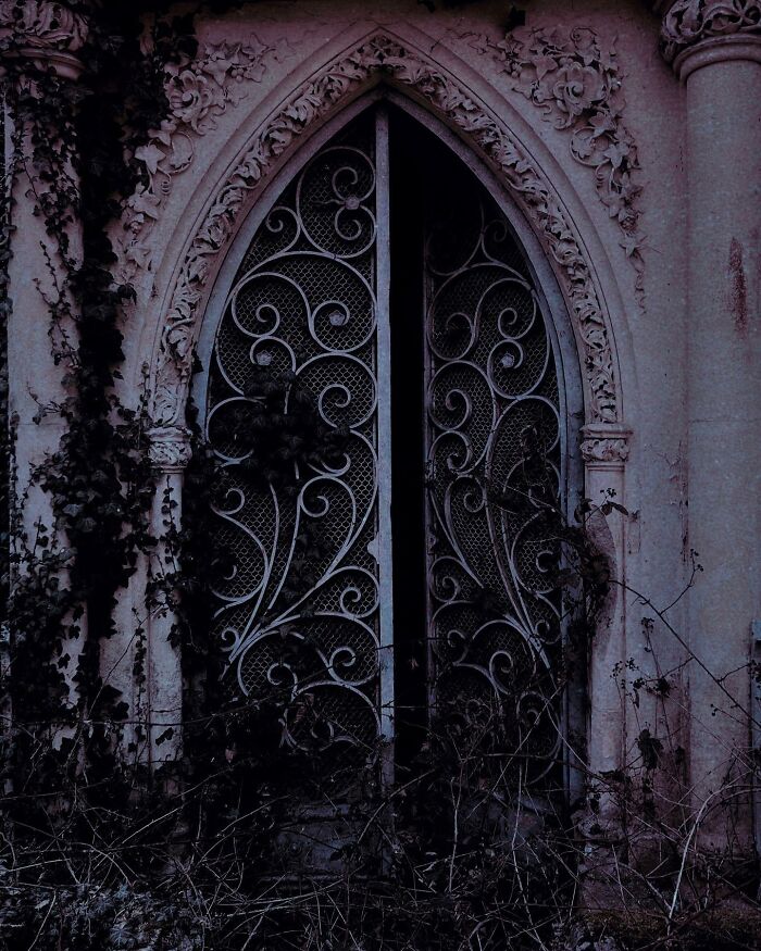 Gothic gate covered in ivy, showcasing dark escapism photography by Nona Limmen.