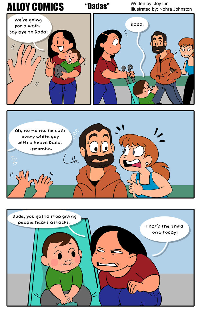 Comic by Bored Panda artists humorously depicting a child calling every bearded man "Dada" in everyday life.