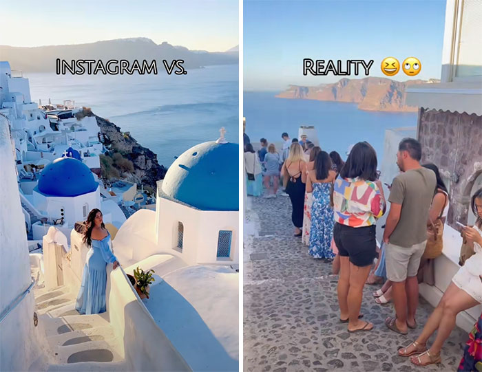 Insta vs. reality: Serene coastal view with model; crowded tourist scene underline photo perfection myths.