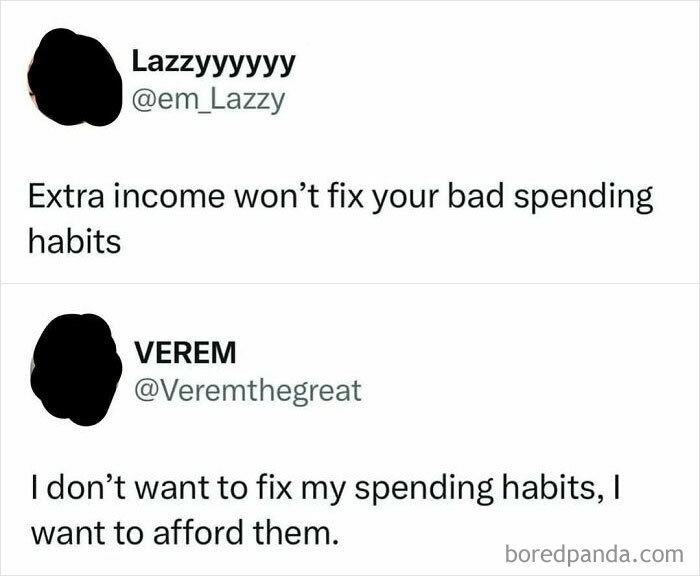 Two memes about spending habits, discussing the impact of extra income on financial behavior.